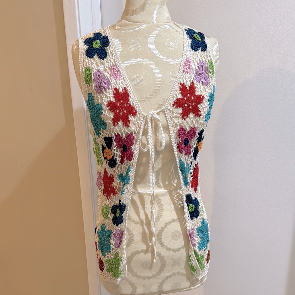 Vintage Floral Crochet Intricate Multicolored Front Tie Vest